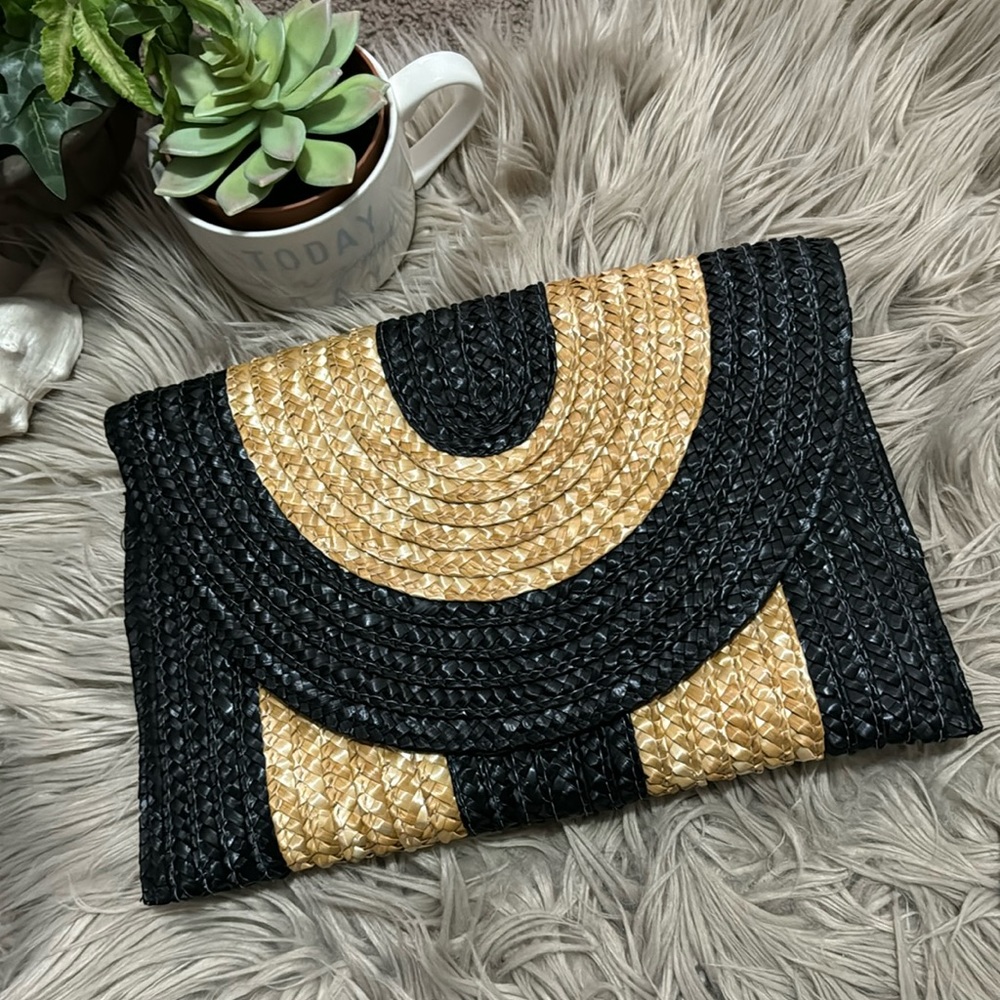Wheat Straw FoldOver Clutch-Black/Natural Stripes